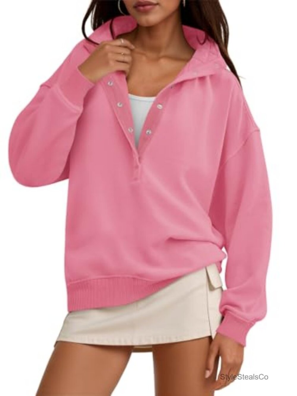 Womens Oversized Snap Button Henley Sweatshirt Long Sleeve Loose Fit Fall